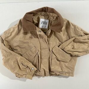 Kids Zara Two-Tone Khaki Cropped Jacket with Brown Collar BOHO Workwear Warm